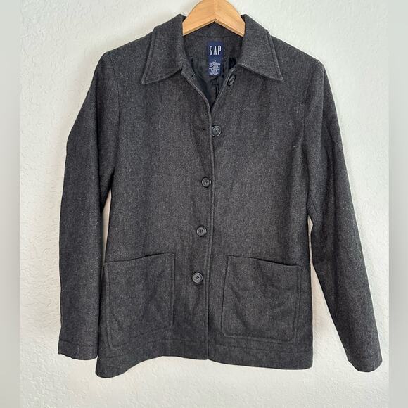 GAP Charcoal Grey Wool Coat Jacket Button Front Pockets Preppy Outdoor Blazer - Picture 1 of 5